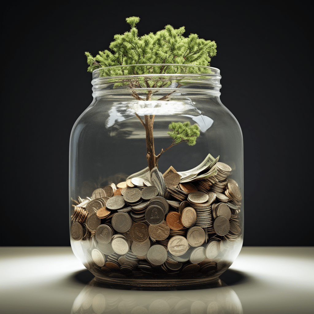 Image of cash flow growing: a big jar with money and a tree growing outside the jar